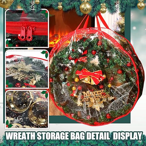 Christmas Wreath Storage Bags - 30 Inch Clear & Red, 6 Pieces with Dual Zippers & Handles