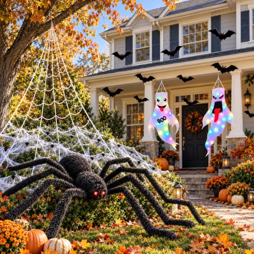 Outdoor Halloween Decorations Set with Web, Spider, Ghosts & Bats - Spooky Yard Decor Bundle