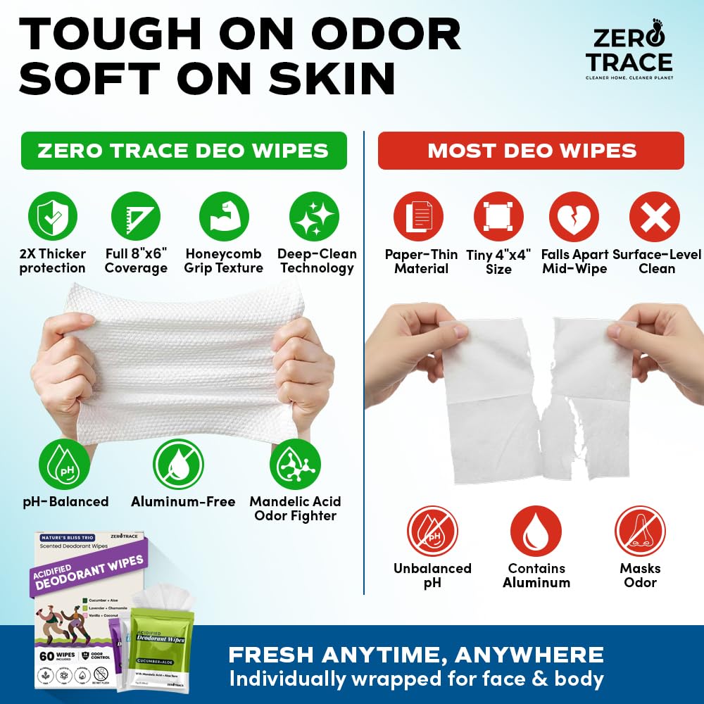 Zero Trace Travel Deodorant Wipes - 60 Count- 24 Hour Odor Control - Aluminum Free Hypoallergenic Mini Deodorant For Women and Men - Individually Wrapped Underarm & Body Wipes- Nature Bliss Trio