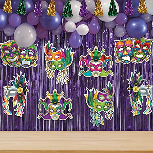 Mardi Gras Mask Decorations Set - 8 Foil Cardstock Wall Cut Outs for Carnival Party
