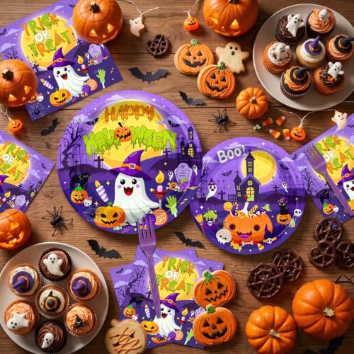 Halloween Party Plates and Napkins Set - Disposable Pumpkin Ghost Theme - 96pcs