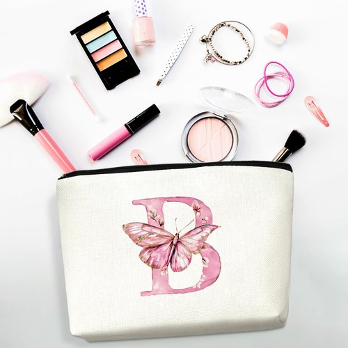 CSHVJ Initial Makeup Bag Pink Butterfly B Personalized Cosmetic Bag Monogrammed Gifts for Women Girls Bride Boss Monogram Zipper Pouch for Friendship Mothers Day Birthday Wedding Bridal Shower Gifts