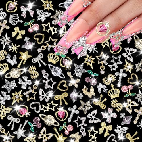 120 Pcs Silver Gold Nail Charms for Nail Art 3D Butterfly Cherry Star Heart & Cross Design