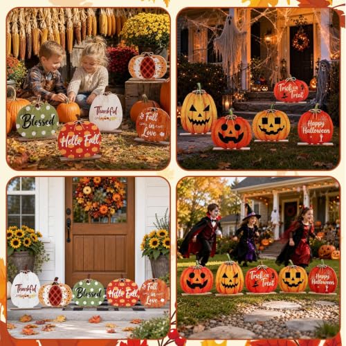 5 Pack Double-Sided Wooden Pumpkin Porch Signs for Fall Halloween Thanksgiving Yard Decor