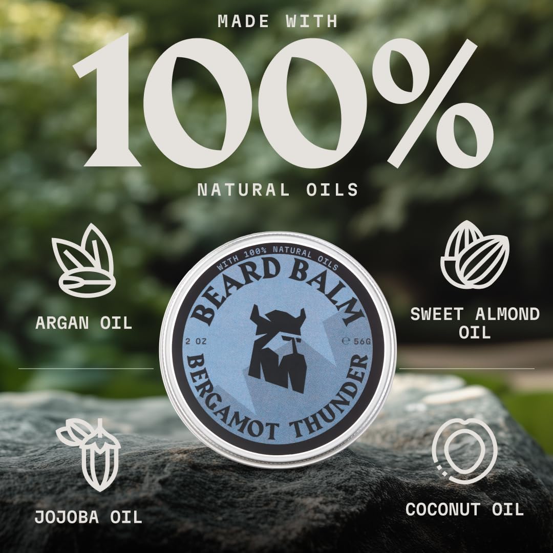 Viking Beard Balm for Men - Leave-In Conditioner & Styling Balm with Argan & Jojoba Oils | 2 Oz, Bergamot Thunder