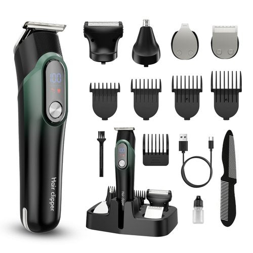 Beard Trimmer for Men: Professional Barber Hair Clippers, 5-in-1 Cordless Grooming Kit, Rechargeable Electric Razor & Shaver for Face, Mustache, Body, Ear, Nose Hair Trimmer with LED Display, Cyan