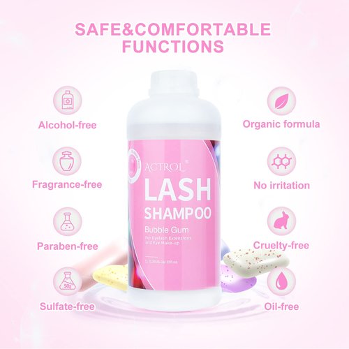 ACTROL Eyelash Extension Cleanser Bubble Gum 1L Natural Lash Extension Shampoo Professional Eyelid Foaming Cleanser Paraben & Sulfate Free Non-lrritating with Salon and Home Care