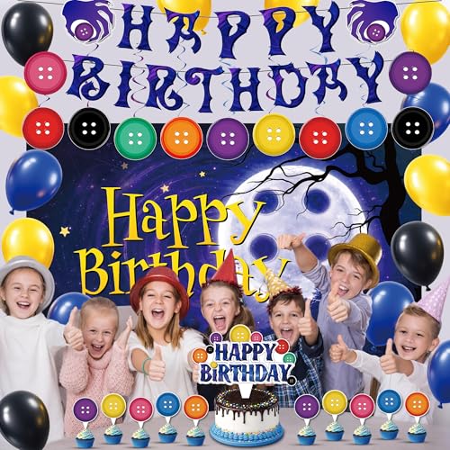 Button Theme Birthday Party Decorations Kit with Banner Balloons and Cake Toppers