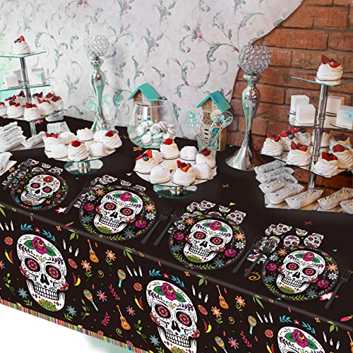 Day of the Dead Party Supplies Set - Skull Tablecloth Plates Napkins & Cutlery - Mexican Fiesta Halloween Birthday Decor