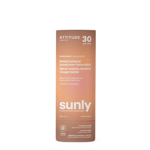 ATTITUDE Tinted Mineral Sunscreen Face Stick - SPF 30, Zinc Oxide, EWG Verified, Plastic-Free, 0.7 Ounce