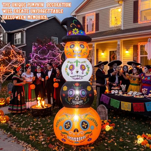 6ft Pumpkin Skull Stack Inflatable Halloween Yard Decor - Day of the Dead Style