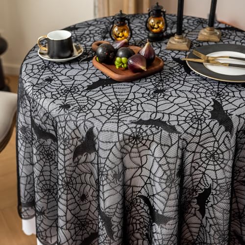 Halloween Spiderweb Tablecloth 70 Inch Round Black Bats Lace Cover for Parties