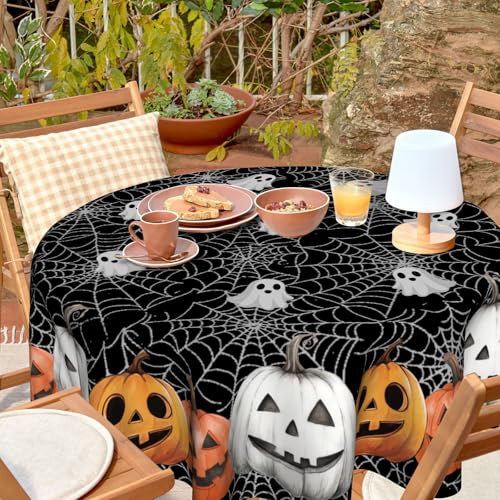 Halloween Round Tablecloth 60 Inch with Spiderweb & Pumpkin Design - Fall Autumn Decor