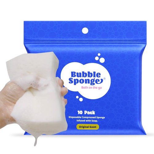 Bubble Sponge® - Disposable 2-in-1 Soap & Bath Sponge - Patent-Pending - Soap Infused Sponges - No Rinse Bathing Shower Wipes | Men and Women Travel Essentials (10-Ct.)