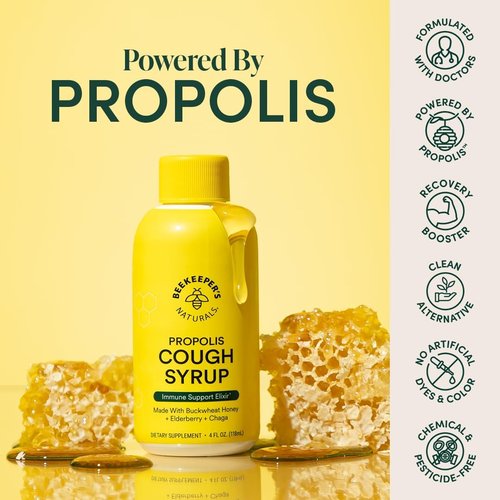 Beekeeper's Naturals Propolis Honey Cough Syrup - Daytime Immune Support & Throat Soothing, 4 oz