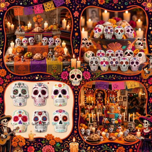 Colorful Day of The Dead Skulls Decorations - Mini Altar Sugar Skulls, 60 Pieces