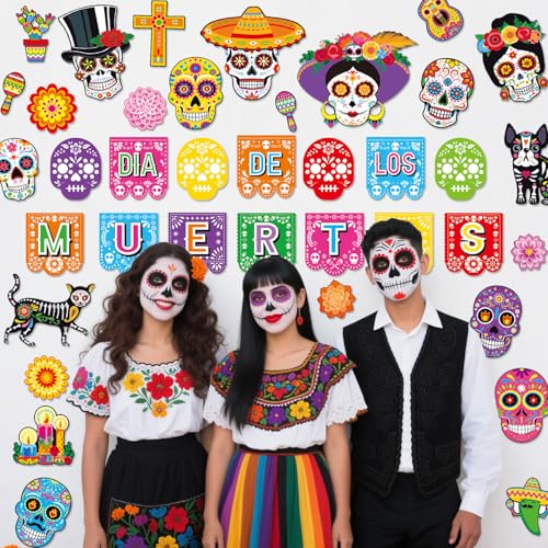 Day of the Dead Decorations Set with Sugar Skulls & Banner for Mexican Celebrations