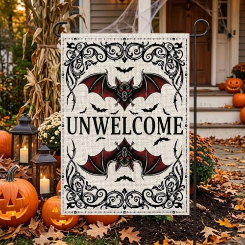 Halloween Bat Garden Flag - Unwelcome Bat Welcome Yard Decor 12x18 Inch