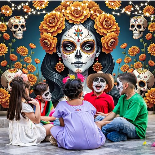Dia De Los Muertos Backdrop 7x5FT Mexican Fiesta Sugar Skull & Marigold Decor Variation of THIS listing