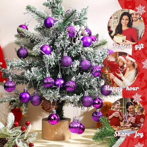 48 Pcs Purple Christmas Mini Ball Ornaments - Glitter Holiday Tree Decorations, 1.2 Inch