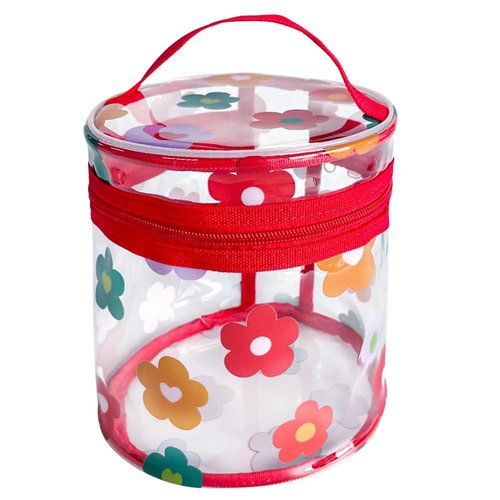 TotePrint Printed Flowers Clear Cylinder Travel Makeup Bag,Portable Waterproof Pouch with Handle Ideal for Women and Girl (Multi Flowers)