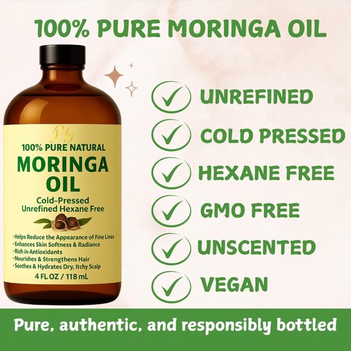 Pomberries Moringa Oil – 100% Pure, Cold-Pressed & Unrefined – Moringa Seed Oil for Face, Skin, Hair & Body – Hydrating, Anti-Aging Moisturizer – 4 fl oz Amber Glass Bottle