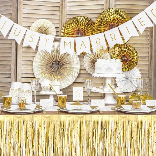 Light Gold Foil Fringe Table Skirts 3 Pack - Metallic Tinsel Streamers for Party Decorations