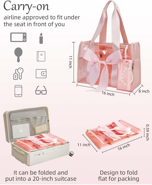 Skiennix Jelly Tote Bag - Stylish Pink Beach Bag with Bow | Large Waterproof Zipper Design