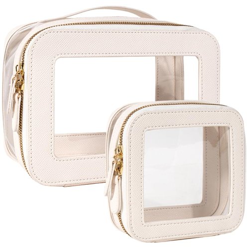Clear Makeup Bag Set, Small Portable Clear Makeup Bag Cute Waterproof Travel Cosmetic Bag Makeup Pouch TSA Approved Toiletry Bag Women Traveling Car Organizer Car Essentials (White, Standard + Mini)