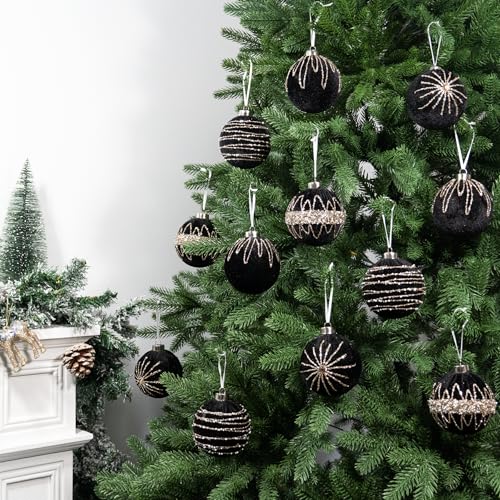 Hismir Velvet Christmas Tree Ornaments - Black 3.15 Inch 12 Pcs Xmas Balls Set