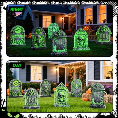 6 Pack Halloween Glow-in-The-Dark Tombstone Decorations - Weatherproof Outdoor Gravestones