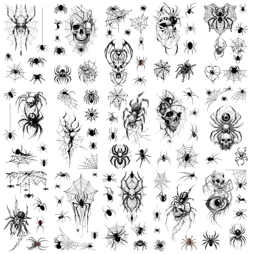 Halloween Spider Temporary Tattoos Set - 20 Sheets, Body & Face Art
