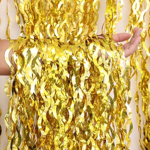 Gold Foil Fringe Curtain - 2 Pack 3.2x6.5ft Wavy Party Backdrop Decorations
