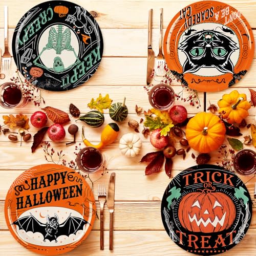 Vintage Halloween Paper Plates 40 Pack - Black Cat Pumpkin Skeleton 9 Inch Party Tableware with Variation: Vintage Halloween