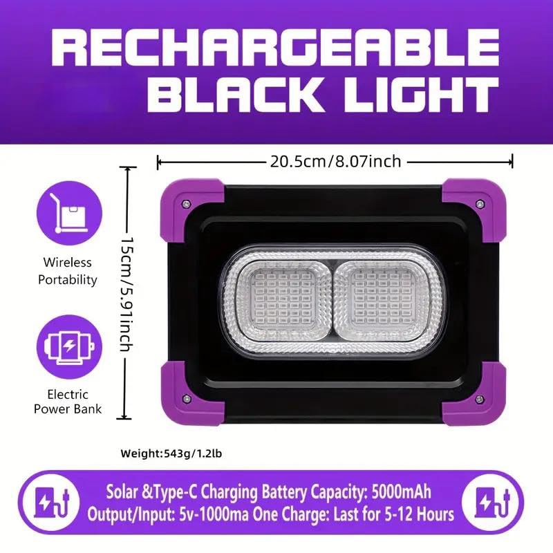 Solar Rechargeable LED Black Light - 395nm Neon Glow for Parties & Body Paint - Variation 1