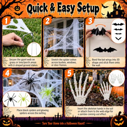 Large Outdoor Halloween Spider Web Decor Kit - Customizable, Glow-in-Dark, Tear-Resistant