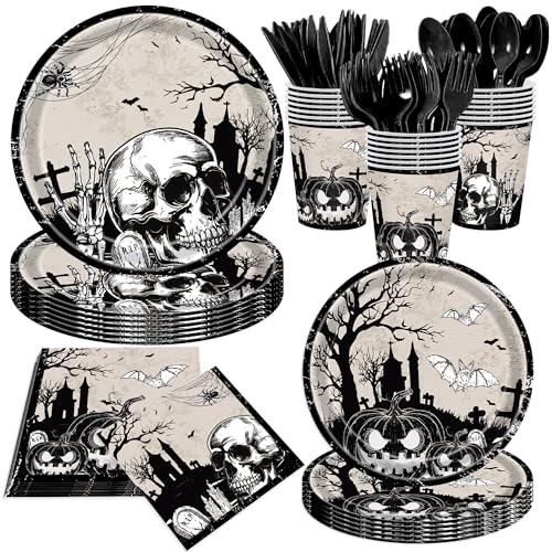 Halloween Skull Pumpkin Party Plate & Napkin Set for 24 Guests