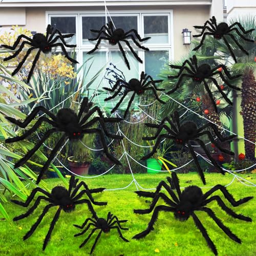 Giant Halloween Spider Decorations Set - 10 Black Plush Spiders with Red Eyes for Outdoor & Indoor Haunted Decor