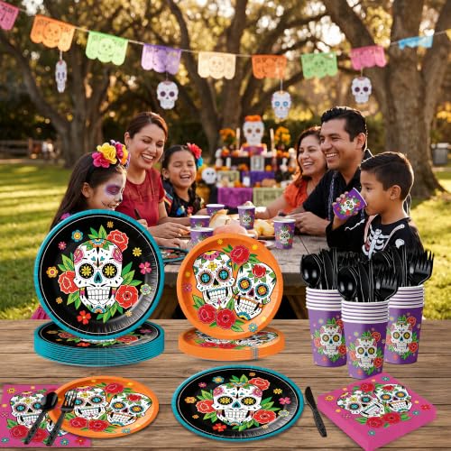 Day of the Dead Party Plates Napkins Set - Colorful Skeleton & Marigold Design - 168pcs - Variation of THIS listing