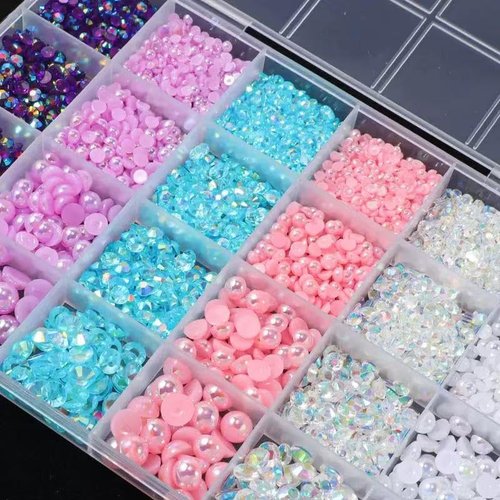 24Grid Blue Flatback Pearls and Rhinestones for Crafting Pink White Stones Mixed Size 3-8mm Resin Rhinestones and Half Pearls for Bedazzling Nail Art and Decoration with Tweezer and Pickup Pencil