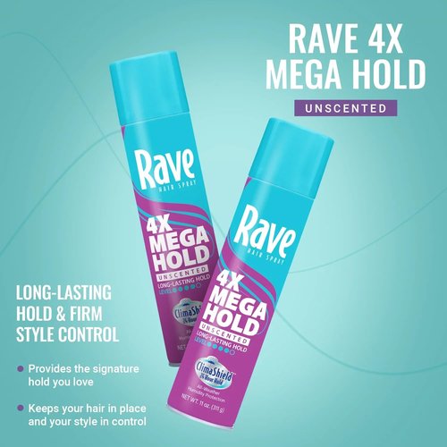 Rave 4X Mega Unscented Aerosol Hairspray - Humidity-Resistant Hold & Volume - 2-Pack