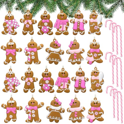 Pink Gingerbread Man & Candy Cane Christmas Ornaments Set - Holiday Decor