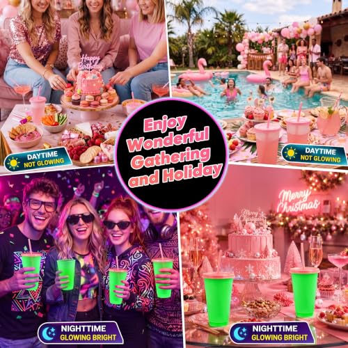 15 Pack Glow in the Dark Halloween Cups with Pink Lids - 24 oz Reusable Plastic Drinkware