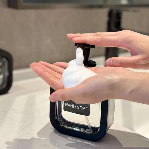 SVLX YIXVN Foaming Soap Dispenser, 2 Pack 300ml (10oz) Plastic Refillable Foaming Hand Soap Dispenser with 16 Pcs Waterproof Labels, Foam Pump Bottle for Bathroom and Kitchen (Black)