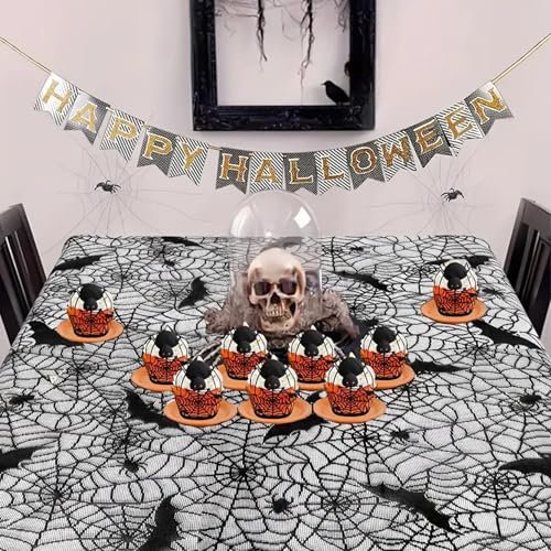 Halloween Lace Tablecloth 70 Inch Round Black Bat Spider Web Decorations Gothic Style