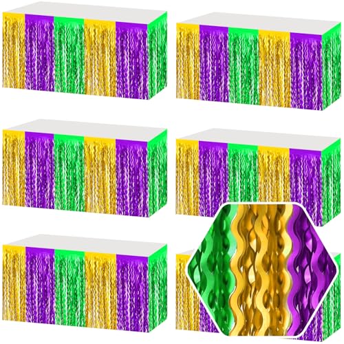 Gold Green Purple Wave Foil Fringe Table Skirts Set - 6 Pack, 29x108 Inches, Party Decorations