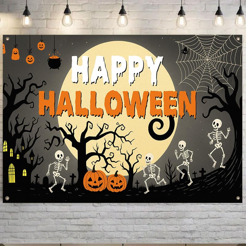 Halloween Banner 71x43 Inch Fabric Backdrop with Skeletons Pumpkins Haunted House MulticolorB76