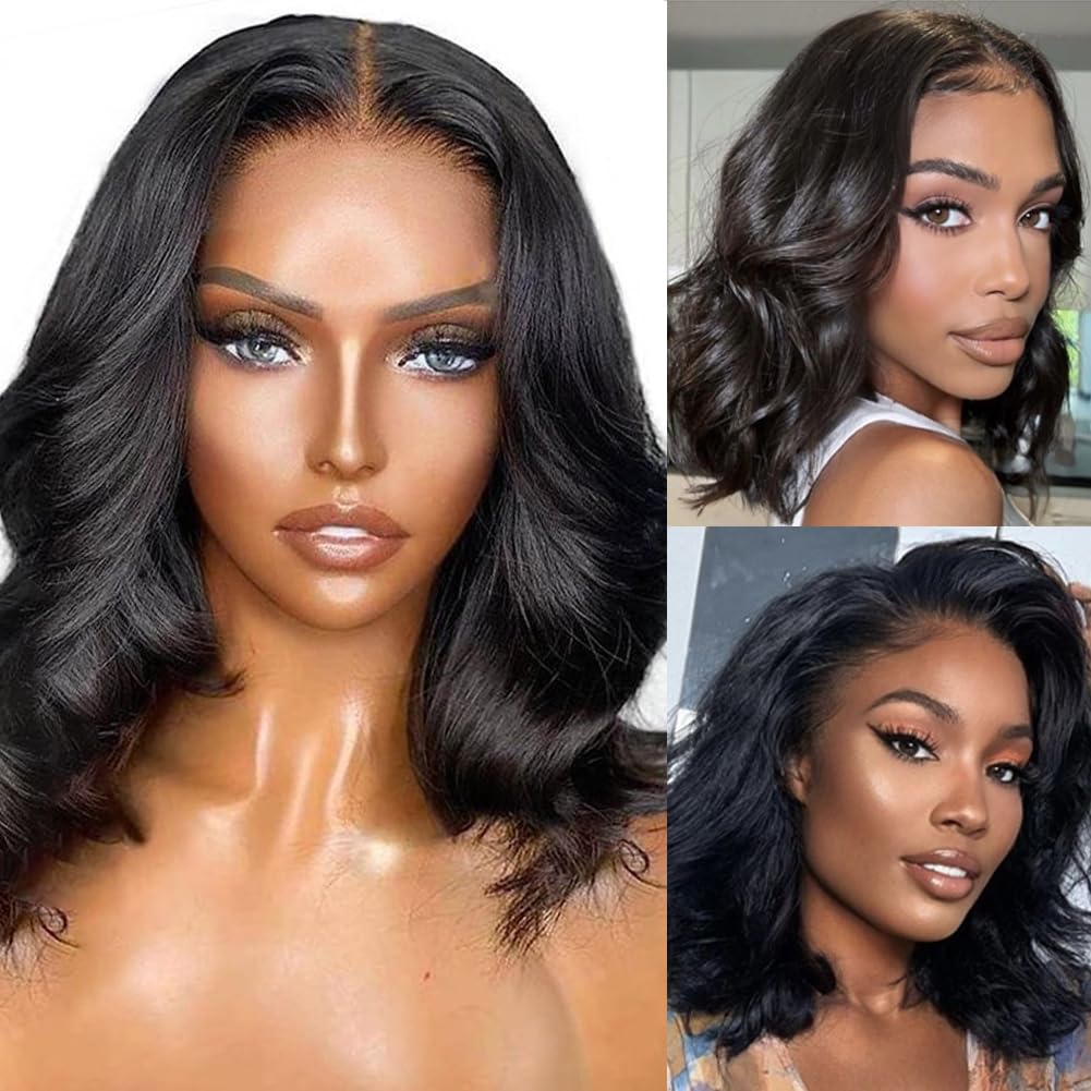 Wear and Go Glueless Wigs Human Hair Pre Plucked Pre Cut Body Wave Bob Wig for Black Women 4x4 Lace Closure Glueless Wigs Black Wig Bleached Knots 180% Density 12 Inch