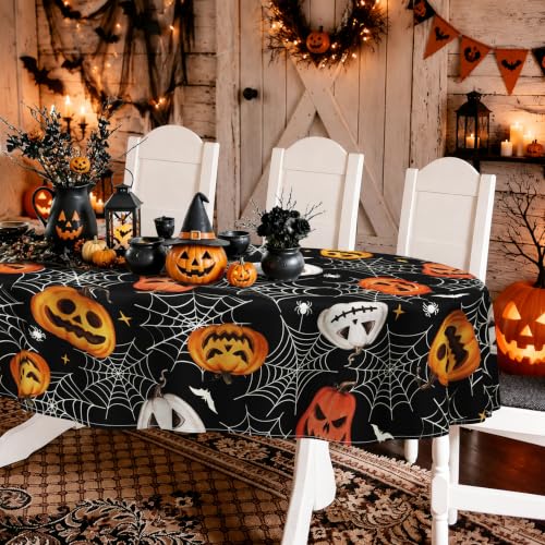Oval Halloween Pumpkin Tablecloth 54x72 Inch Black Horror Decor Waterproof Polyester