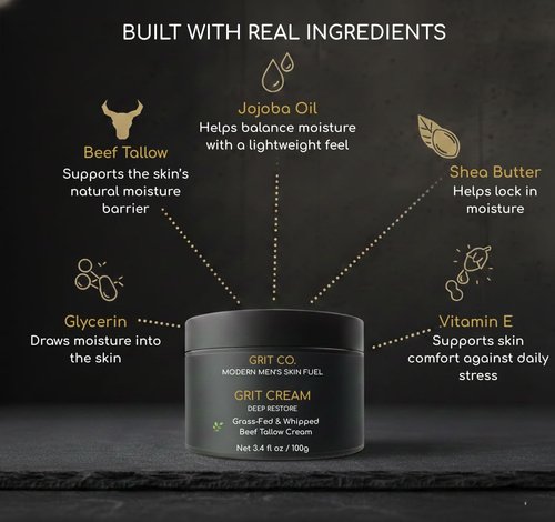 Beef Tallow for Men's Face & Skin – GRIT CREAM – Anti Aging Wrinkle Cream Moisturizer – Unscented Whipped Balm – 3.4 oz